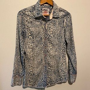 Blue jean chambray leopard print western button up